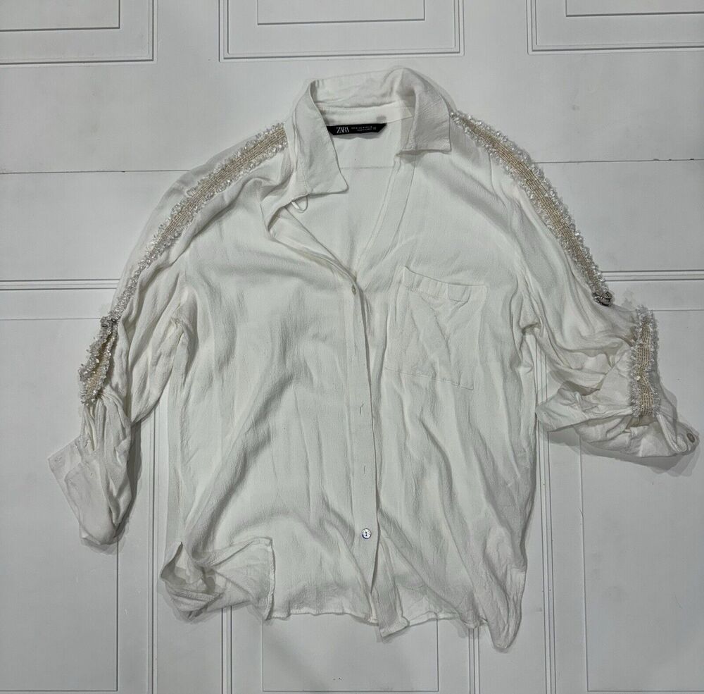 Zara Basic Womens Sz M White Satin Feel Stripe Roll Tab Sleeve Button Down